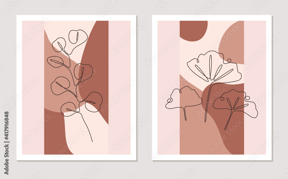 Poster botanical wall art vector set. foliage continuous one line drawing with abstract shape. minimalist a