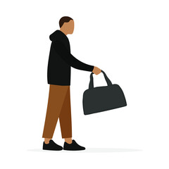 Male character raising his hand with a bag on a white background