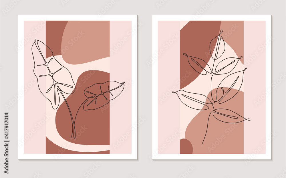 Poster botanical wall art vector set. foliage continuous one line drawing with abstract shape. minimalist a