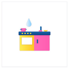 Kitchen cleaning flat icon. Home cleanup. Wiping stove and tables. Mopping, dusting. Cleaning service concept. 3d vector illustration