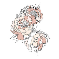 flowers and the moon in line style for tattoo, minimalist design cosmetics store, jewelry handmade, beauty salon, spa, print on clothes, delicate nude color