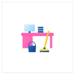 Office cleaning flat icon. Keeping workplace clean. Tidy office desk. Mopping, wiping, dusting. Cleaning service concept. 3d vector illustration