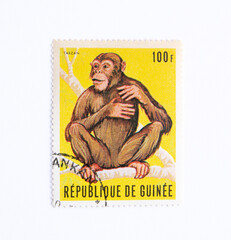 uinea Republic Postage Stamp.  circa1969. Republic of Guinea. Chimpanzee Tarzan