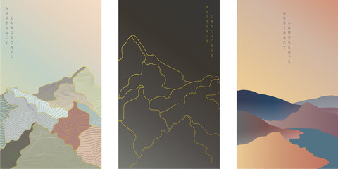 Unusual paintings with the image of mountains, made in different styles. Abstract modern mountains with different colors and saturation. Vector eps illustration.