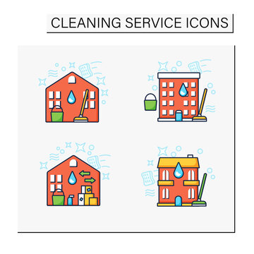 Cleaning Services Color Icons Set.Consists Of House, Residential And Move Out Cleaning, Apartment. Cleanup Concepts.Isolated Vector Illustrations