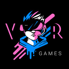 Vector man head with virtual reality helmet logo on black background with word.