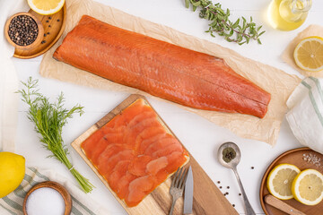 Fresh caught and packed Alaskan Salmon. Sockeye and Coho salmon used in healthty cooking.