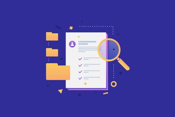 Questionnaire-resume, file folders, magnifying glass on a blue background. Job search and selection of vacancies on the Internet. Online job application, vector illustration.