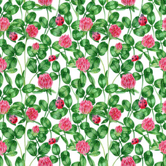 Seamless pattern with clover. Watercolor green leaf and pink clover flowers, Coccinellidae, ladybugs . Saint Patrick Day pattern