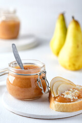 Pear jam with cream, toast. Cheese. White background, homemade