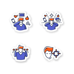 Focus mind stickers. Collection for attention control, information overload, doing exercises and information detox badge for designs. Vector emblems