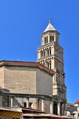 Fototapeta premium View on part of Cathedral of Saint Domnius bell tower in Split, Croatia. Diocletian palace UNESCO world heritage, Dalmatia. Old town Split, tourist attractions 