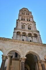 Fototapeta na wymiar Split, Croatia - August 2020: View on part of Cathedral of Saint Domnius bell tower in Split, Croatia. Diocletian palace UNESCO world heritage, Dalmatia. Old town Split, tourist attractions 
