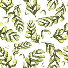 Carved rowan and ash leaves as a watercolor seamless pattern