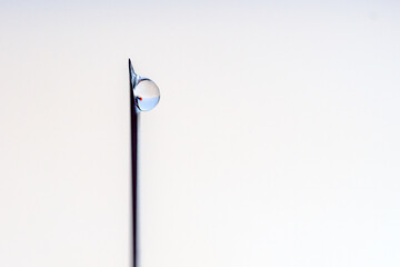 Macro. A drop at the end of the syringe needle.