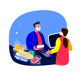 COVID,Coronavirus Epidemic Quarantine.Young Man in Face Mask Shopping in Supermarket.Consumerism, Checkout.Buy Food, Meal, Purchase Meat, Fish, Cheese. Buyer Pay via Terminal. Flat vector illustration