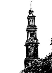 Westerkerk clock tower in Amsterdam. It is next to Amsterdam's Jordan district, on the bank of the Prinsengracht canal.