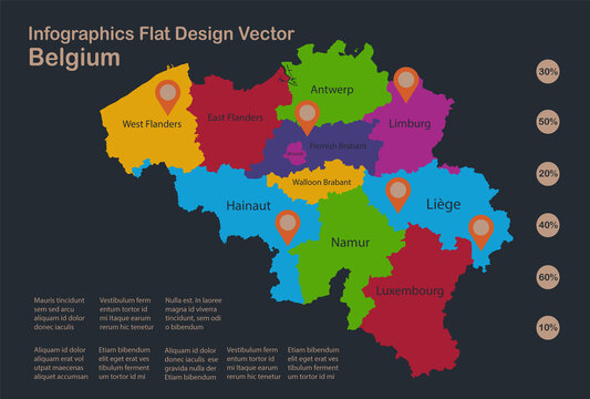 Infographics Belgium map, flat design colors, with names of individual regions, blue background with orange points vector