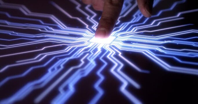 AI Computer Scanning Fingerprint To Activate Digital Process. Futuristic Artificial Intelligence Super Computers.