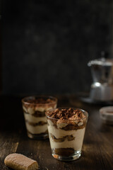 Traditional italian homemade tiramisu with mascarpone and cocoa powder