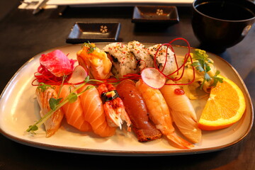 Sushi on a plate. Swedish style. Very tasty and nice looking, artful food. Stockholm, Sweden, Europe.
