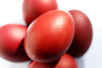 Easter red eggs on a white background. Easter eggs colored with natural dye onion husks. Natural ecological staining with food coloring. Top view