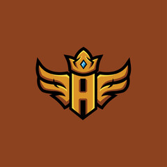 Letter A With wing and crown in gold and luxury style