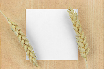 White business card mockup with decoration of spikelets of wheat on a wooden table.