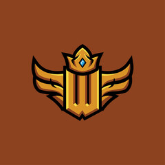 Letter W With wing and crown in gold and luxury style