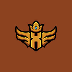 Letter X With wing and crown in gold and luxury style