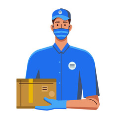 vector illustration, courier in blue uniform, protective mask and gloves, safe delivery of parcels, coronavirus, pandemic
