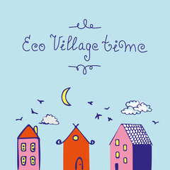 Vector illustration of an eco village with birds, yellow moon and blue clouds. Hand drawn icon and symbol for print on baby clothers, poster, sticker, card design. Doodle design elements. 