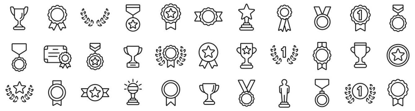 Awards line icons set. Trophy cup, Medal, Winner prize icon