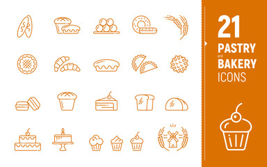 Vector icons of confectionery and bakery products, pies, cakes, pastries, loaves. Polygonal icons. Flat-style icons.
Pastry and bakery icons.