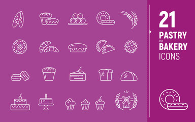 Vector icons of confectionery and bakery products, pies, cakes, pastries, loaves, donuts, waffles. Flat-style icons.
Icons of confectionery and bakery products for packaging, website, store.