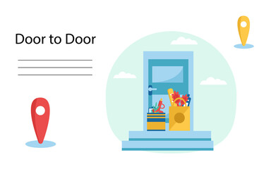 Online order. Groceries in bag at front door. Safe contactless delivery to home. Vector illustration.