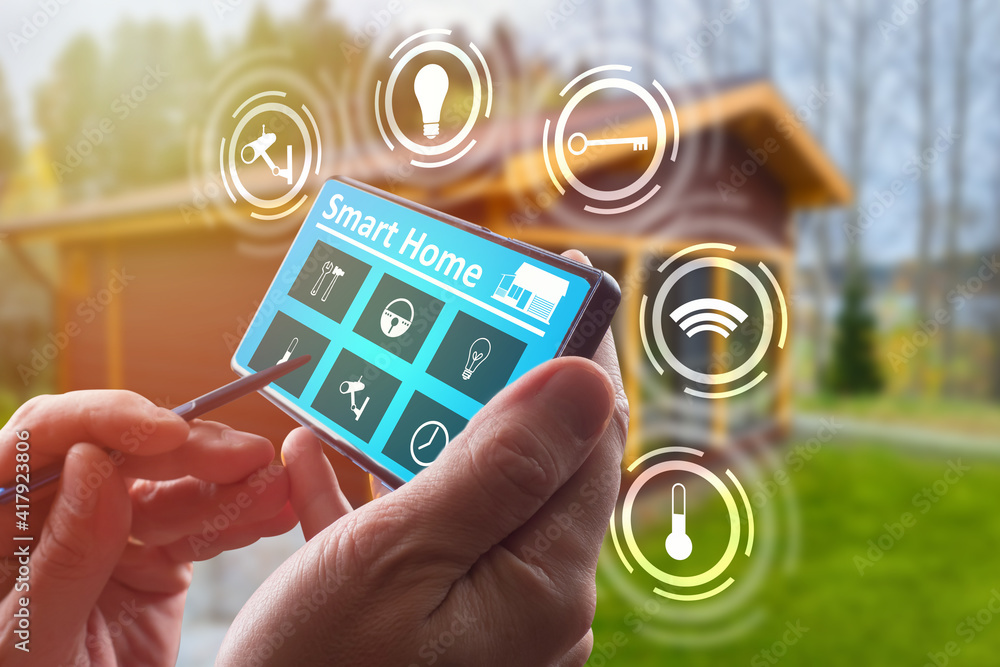 Poster the concept of a smart home. manage your smart home from your smartphone. programming house systems.