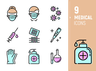 A vector set of Protection from coronavirus and flu medical topic icons.. A man in a mask, bacteria, medication, syringe, antiseptic, thermometer, gloves. Simple outline icons in color.