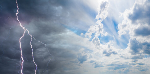 Thunderstorm and blue cloudy sky. Metaphor - a variety of conditions. Changing conditions. Actions in different circumstances.