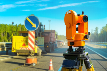 The surveyor working on the construction of the road. Measuring equipment on the background of a highway under construction. Theodolite is pointed at the road. Geodetic measurements.