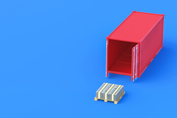 Freight container and stack of money on pallet. Business concept. Transportation of cash. Fast delivery of financial funds. Copy space. 3d rendering