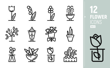 Modern flower icons. Contour icons in flat style. Solid flat icons. Garden flowers, Floristics