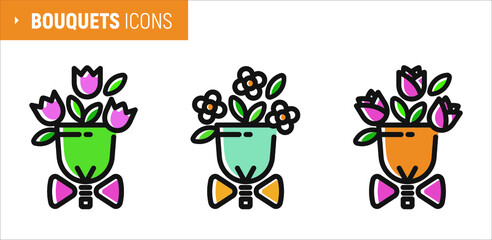Contour icons for flower bouquets. Bouquets of tulips, roses, daisies. Decoration for a flower shop, business cards, packaging paper, postcards.