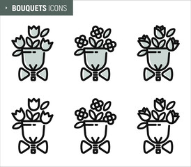 Contour icons for flower bouquets. Bouquets of tulips, roses, daisies. Decoration for a flower shop, business cards, packaging paper, postcards.