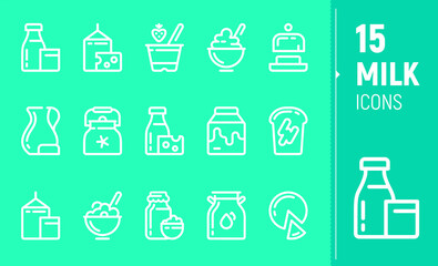 A set of contour icons of farm products: milk, a jug of milk, butter, cottage cheese, cheese. Production of dairy products. Flat icons, a bag, a bottle of milk, an oil can.