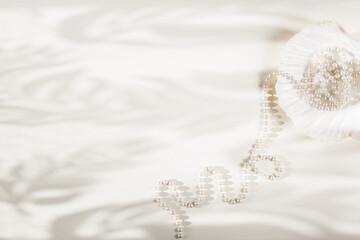 still life spa pearls and shell. Empty space for text. Flat lay top-down