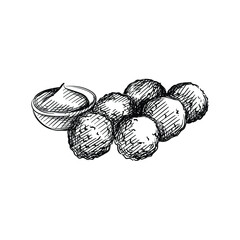 Hand drawn sketch of Dutch Bitterballen meat patties. Veal meat croquettes on a white background. Dutch cuisine. Food. Meals. 