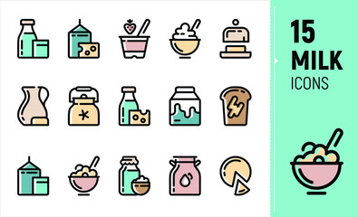 A set of contour icons for farm products: milk, butter, cottage cheese, cheese, yogurt, kefir. Production of dairy products. Colored icons. A jug, a bag, a bottle of milk, an oil can.