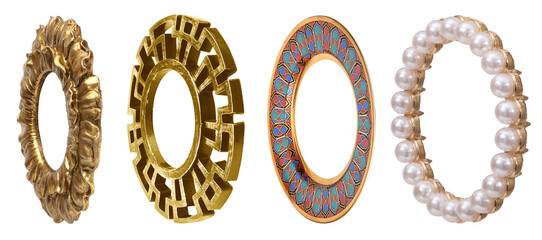 Set of golden frames for paintings, mirrors or photo in frontal and perspective view isolated on white background