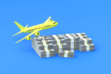 Lot of paper banknotes and passenger plane on blue background. Concept of fast transfer money, banking services. Luxury life. Buying, selling an airline, travel company. Airfare. 3d rendering